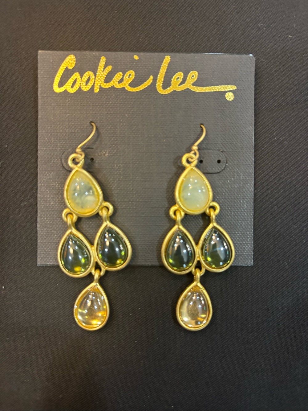 Cookie Lee Gold-Tone Teardrop Dangle Earrings with Green and Clear Stones